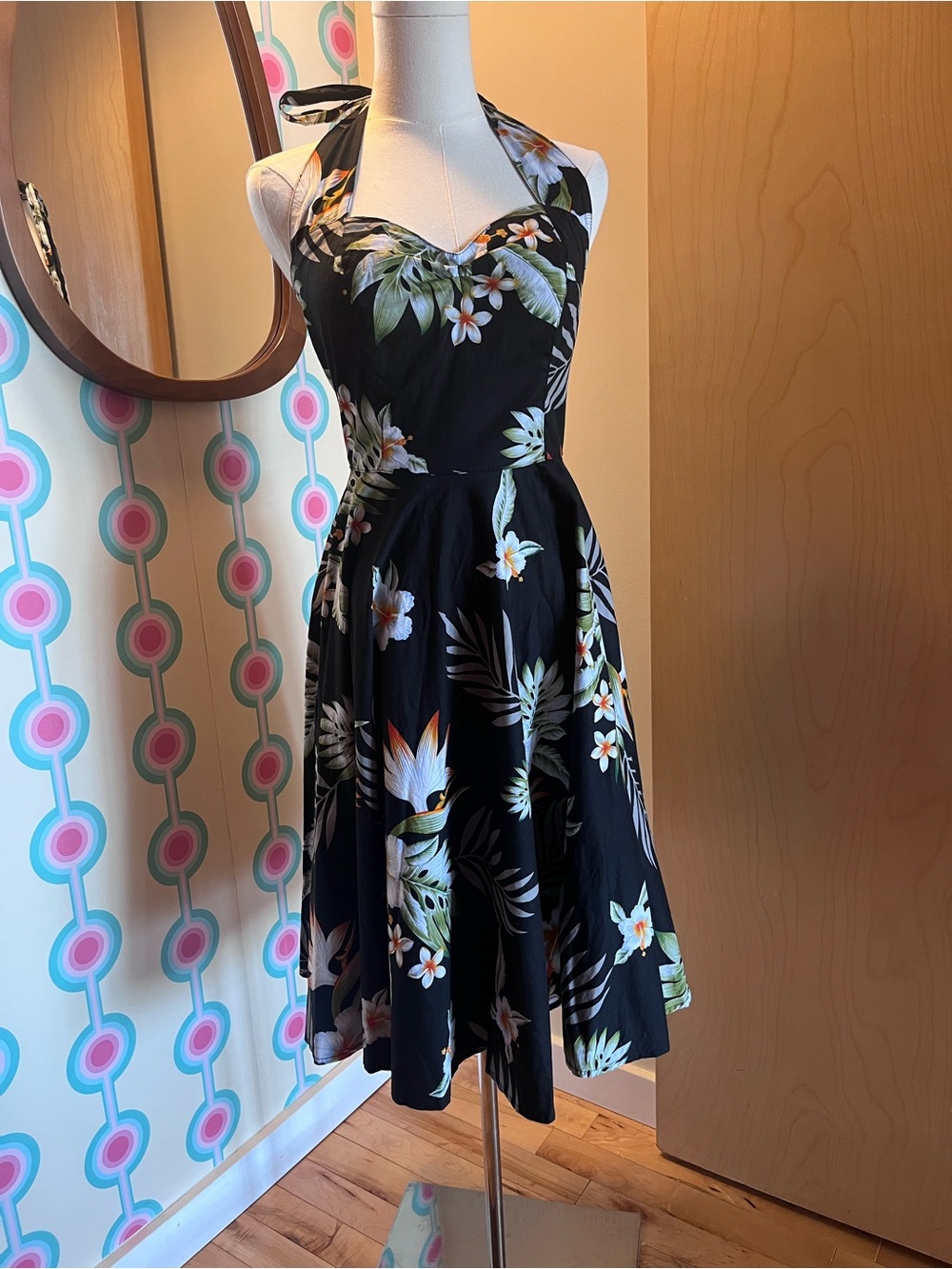 1950s inspired Hell Bunny Tropical Tiki Fit & Flare Halter Dress in Black